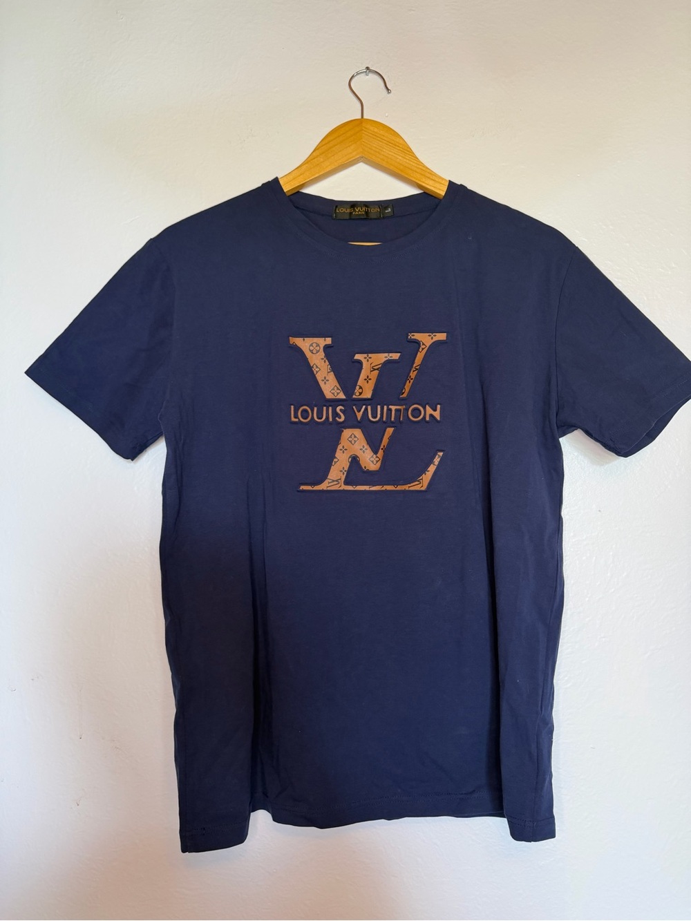 Louis Vuitton Navy Short-Sleeve Logo Tee with Brown Monogram